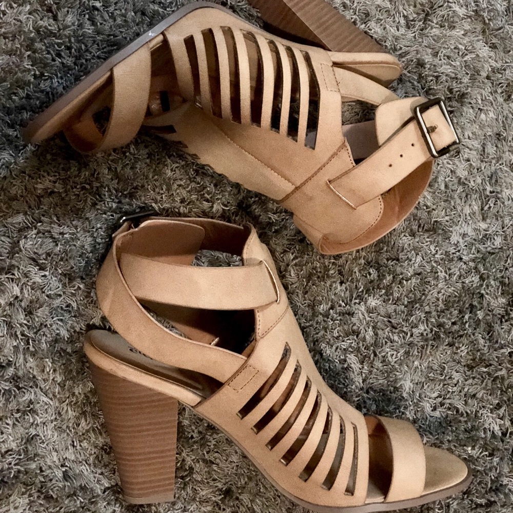 Tan Strappy Peep Toe Heels